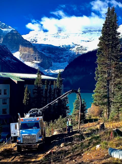 Dean Christian's hydrovac truck in front of Banff Springs Hotel