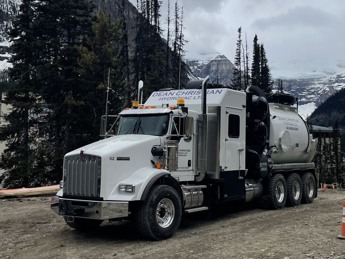 Dean Christian's hydrovac truck on site in the rocky mountains.